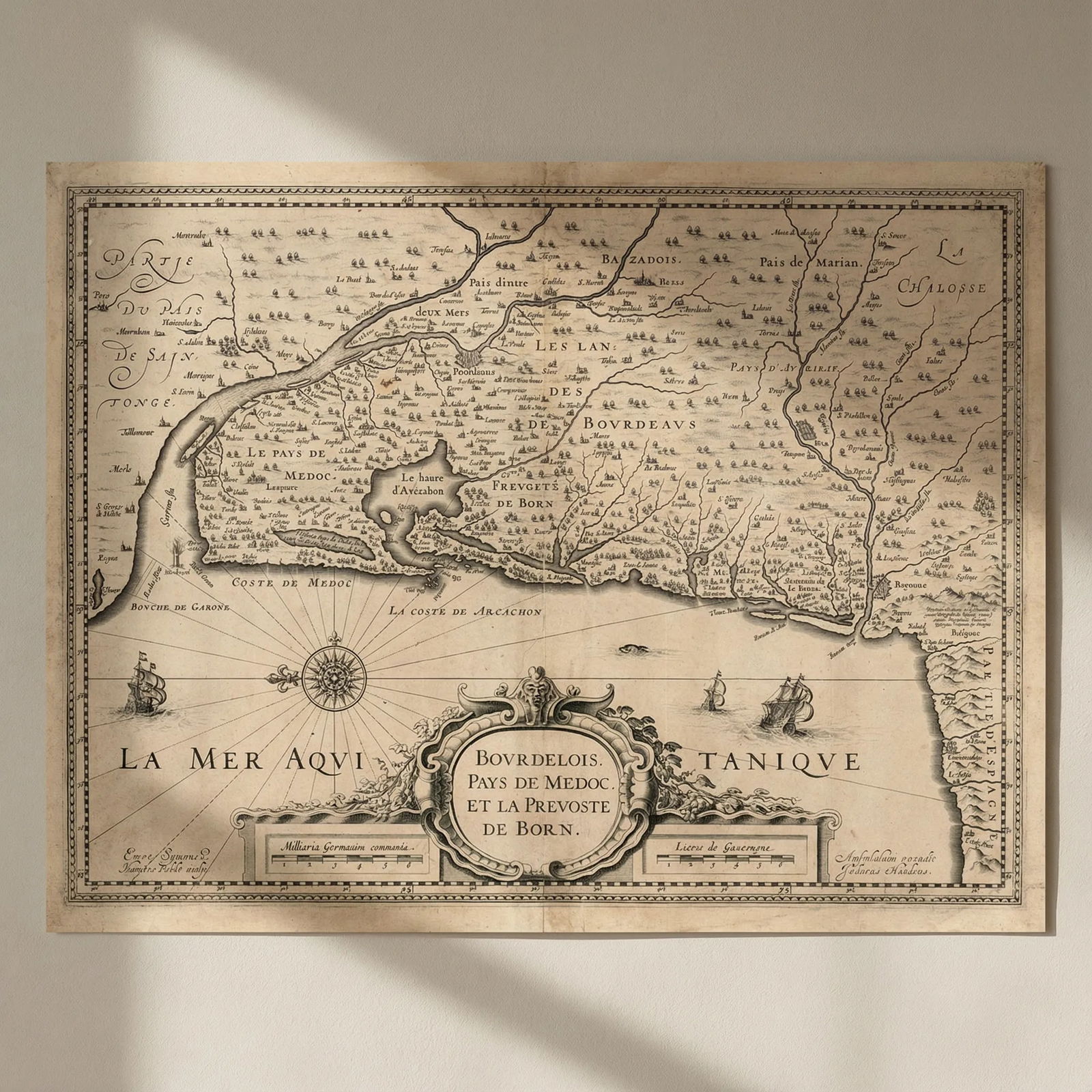 Bourdelois, Pays de Médoc & Prevoste de Born. Gironde/Landes. Hondius c1631 map: Title: Bourdelois, Pays de Médoc & Prevoste de Born. Gironde/Landes. Hondius c1631 map Description: Bourdelois, Pays de Medoc et la Prevoste de Born [Bordeaux region, the country of Médoc an
