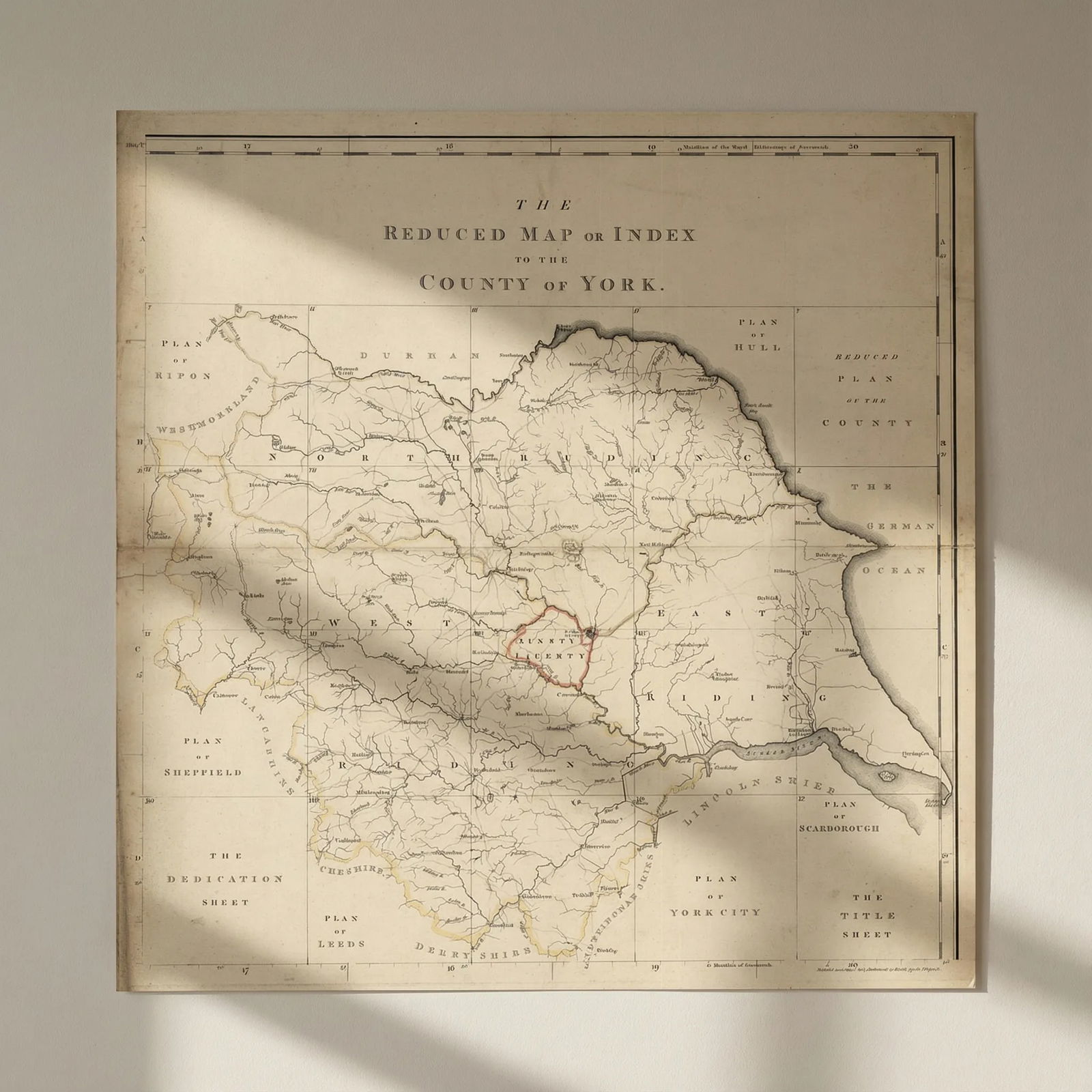 The Reduced Map or Index to the County of York. Yorkshire by T Jefferys 1772: Title: The Reduced Map or Index to the County of York. Yorkshire by T Jefferys 1772 Description: The Reduced Map or Index to the County of York'. Index map to Thomas Jefferys twenty sheet map of the C