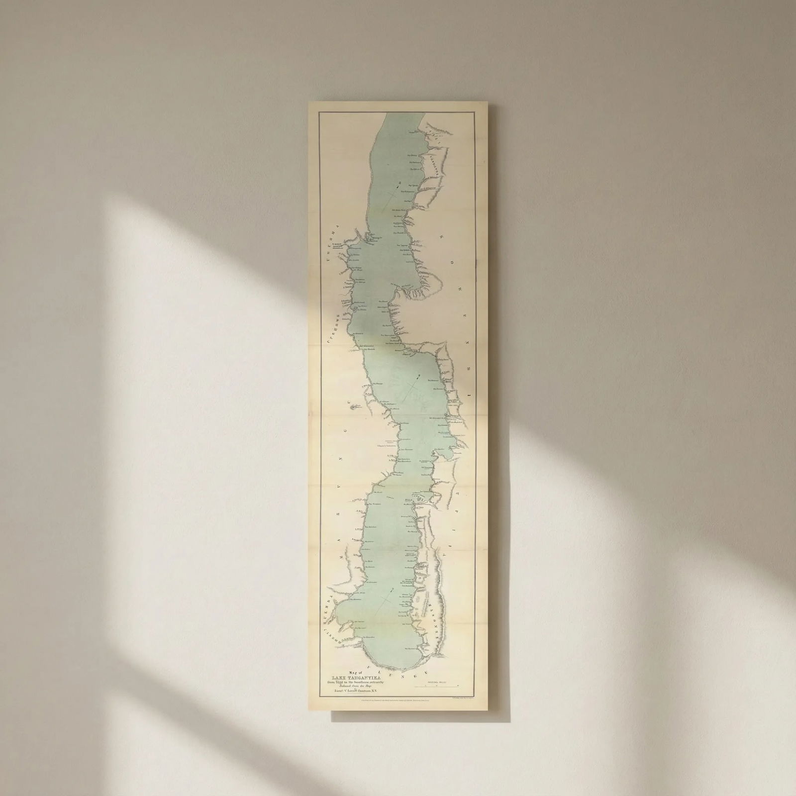 Lake Tanganyika. Ujiji & south by V Lovett Cameron. Tanzania Congo. RGS 1875 map: Title: Lake Tanganyika. Ujiji & south by V Lovett Cameron. Tanzania Congo. RGS 1875 map Description: Map of Lake Tanganyika from Ujiji to its Southern extremity' . A narrow longitudinal map of Lake Ta