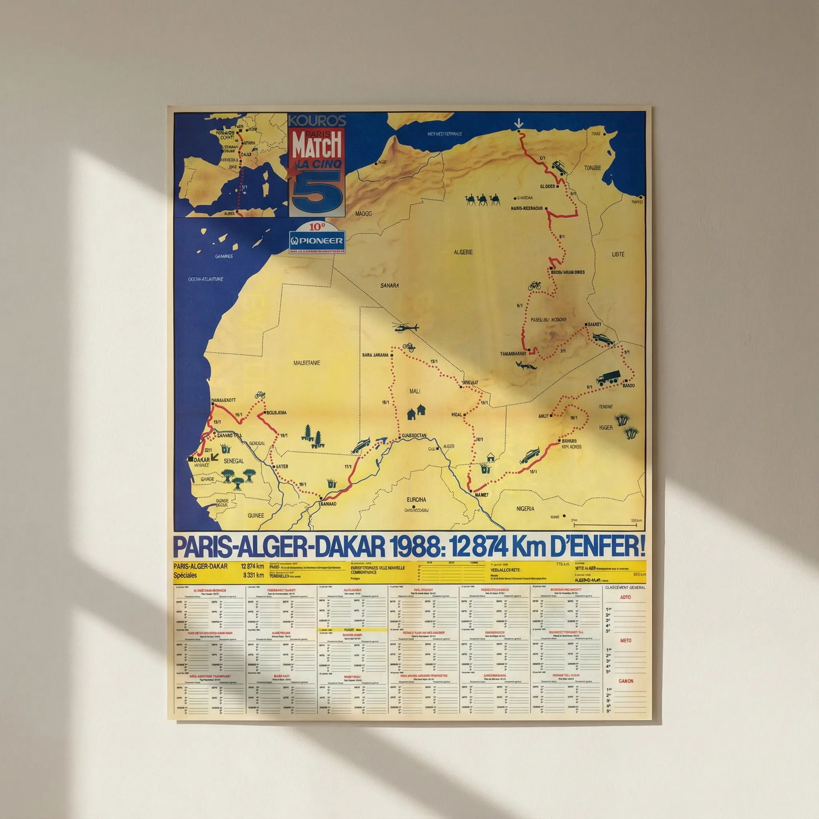 10e Rallye Paris-Dakar Paris Match Motorsport poster route map 46x58cm 1988: Title: 10e Rallye Paris-Dakar Paris Match Motorsport poster route map 46x58cm 1988 Description: 10e Rallye Paris-Alger-Dakar 1988 - Kouros - Paris Match - La Cinq' by Paris Match. Published 1988-1989.
