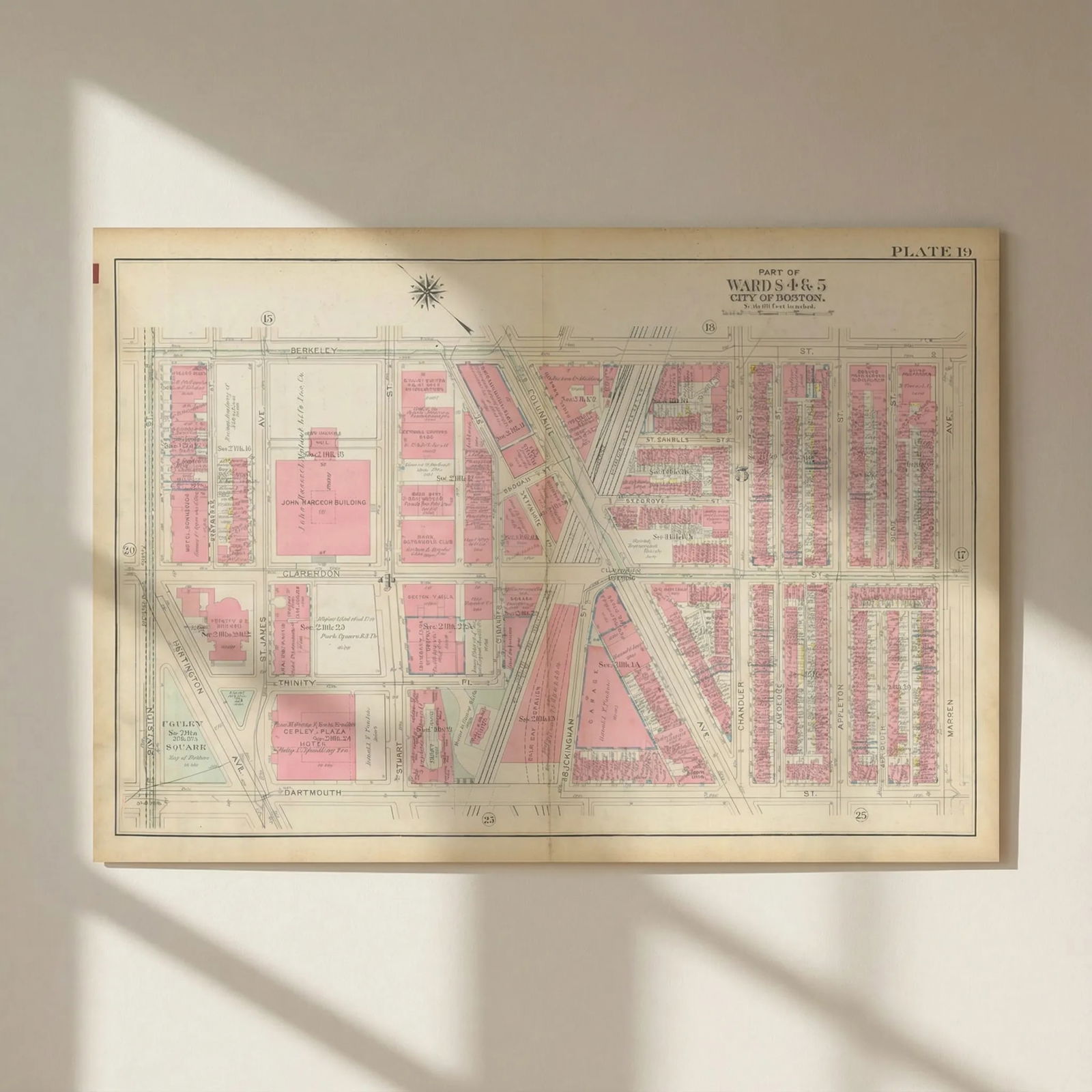 Boston #19 Back Bay Station/South End. Copley. Hancock Tower. BROMLEY 1928 map: Title: Boston #19 Back Bay Station/South End. Copley. Hancock Tower. BROMLEY 1928 map Description: Plate 19 - Part of Wards 4 and 5 - City of Boston [Back Bay / South End (Copley Square area)]. This m