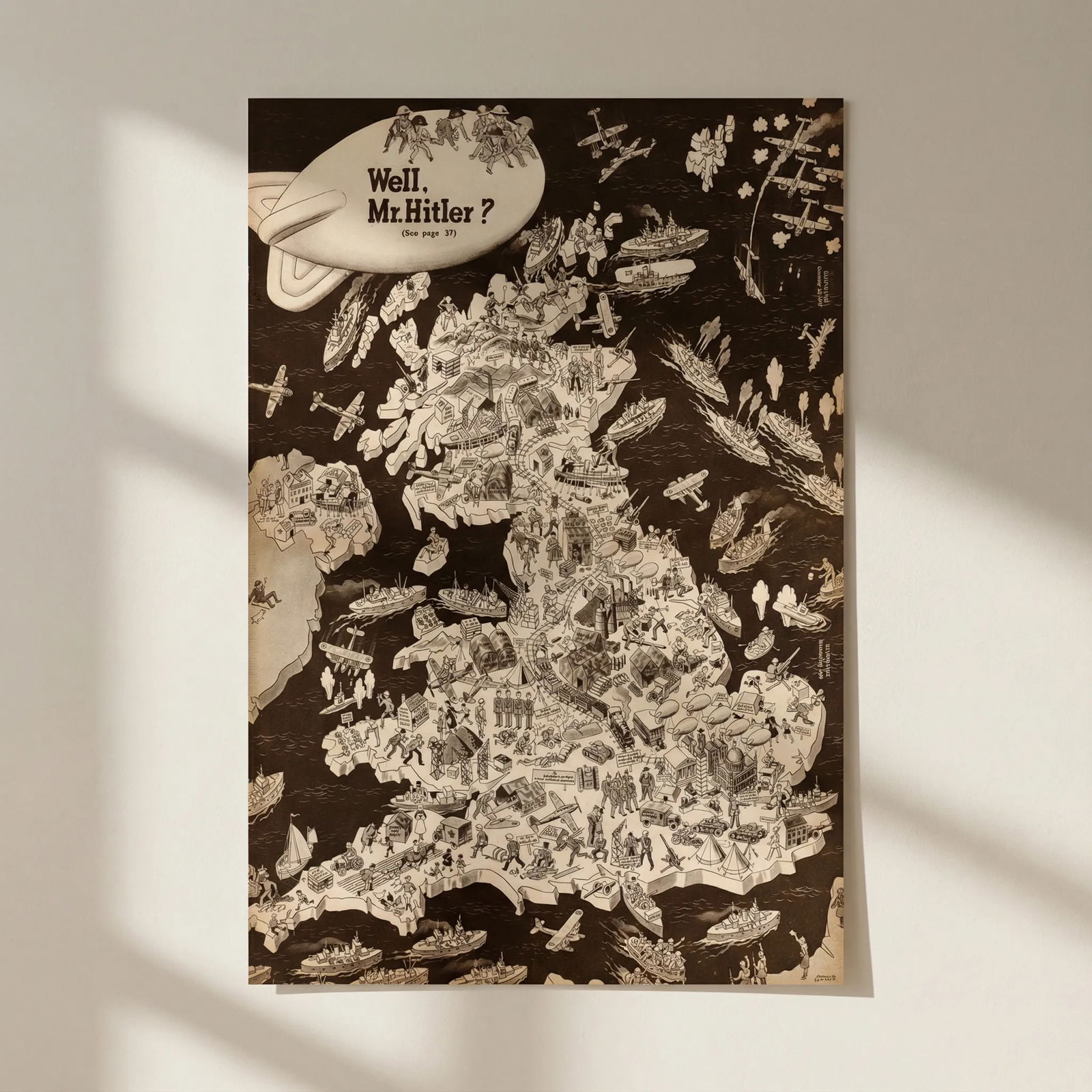 Well, Mr. Hitler? World War Two Serio-comic Satirical map. Ronald Lampitt 1939: Title: Well, Mr. Hitler? World War Two Serio-comic Satirical map. Ronald Lampitt 1939 Description: Well, Mr. Hitler?'. A bustling and patriotic comic map of Britain by Ronald Lampitt, published at the