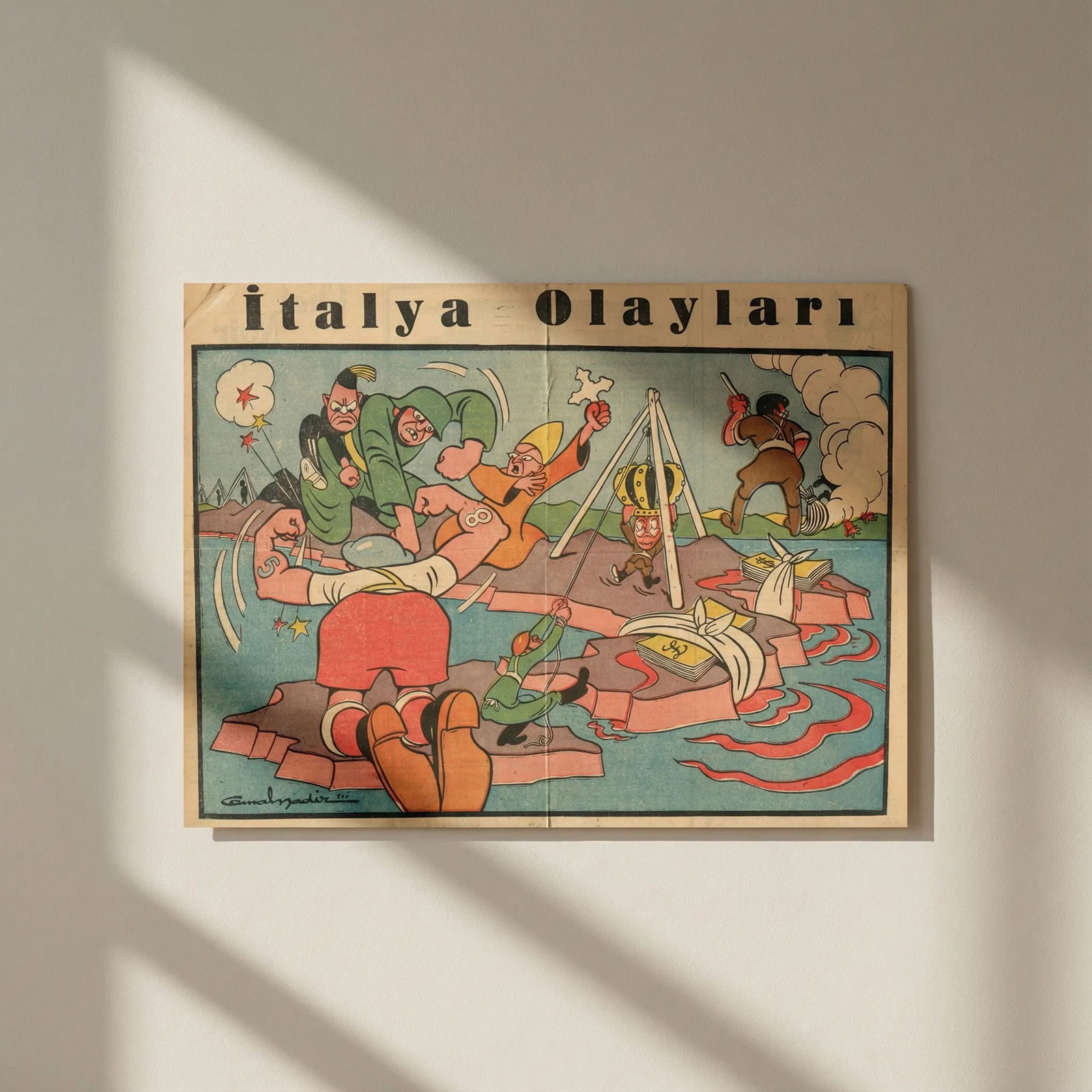 İtalya Olayları. Events in Italy. Turkish WW2 serio-comic map. Cemal Nadir 1944: Title: İtalya Olayları. Events in Italy. Turkish WW2 serio-comic map. Cemal Nadir 1944 Description: İtalya Olayları [The events in Italy]. A highly detailed early-1944 anti-Axis sa