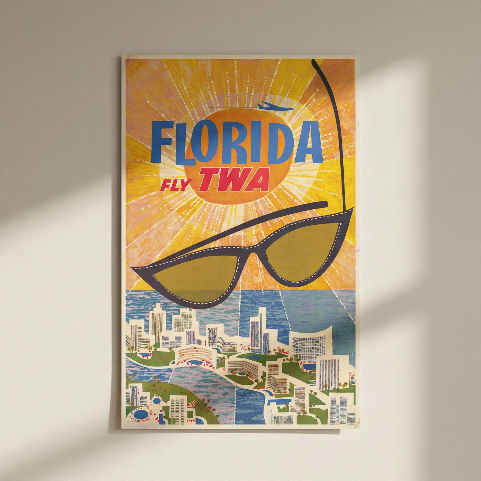 Florida - Fly TWA by David Klein. Miami Beach mid-century tourism poster c1960: Title: Florida - Fly TWA by David Klein. Miami Beach mid-century tourism poster c1960 Description: Florida - Fly TWA'. A lively mid-century TWA travel poster by David Klein, capturing the sunshine, be