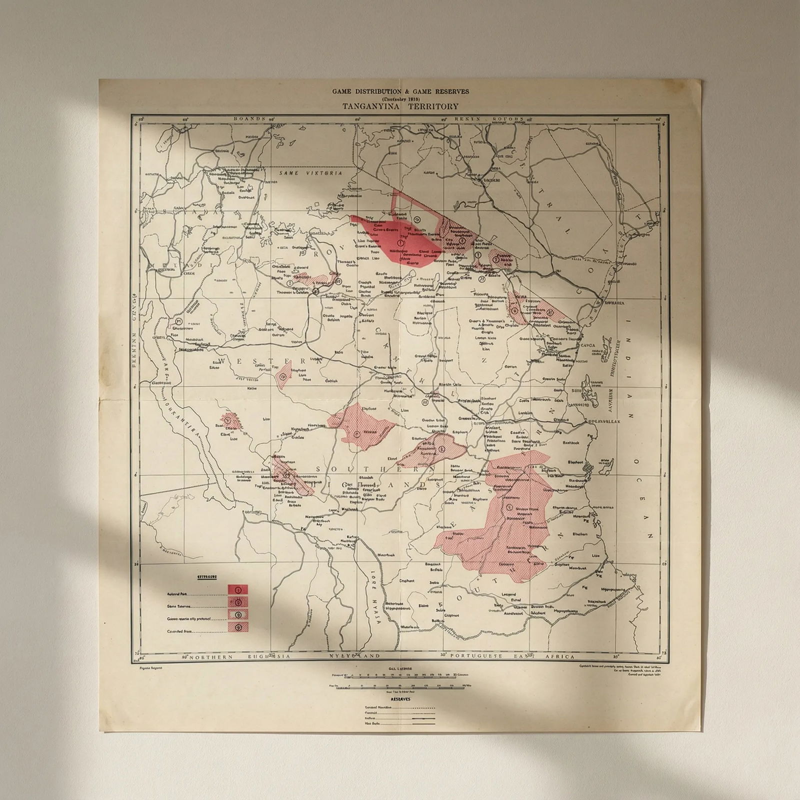 Tanganyika Territory Game Reserves & Distribution. Tanzania 1948 old map: Title: Tanganyika Territory Game Reserves & Distribution. Tanzania 1948 old map Description: Tanganyika Territory - Game Distribution and Game Reserves (December 1947)'. One of the earliest cartograph