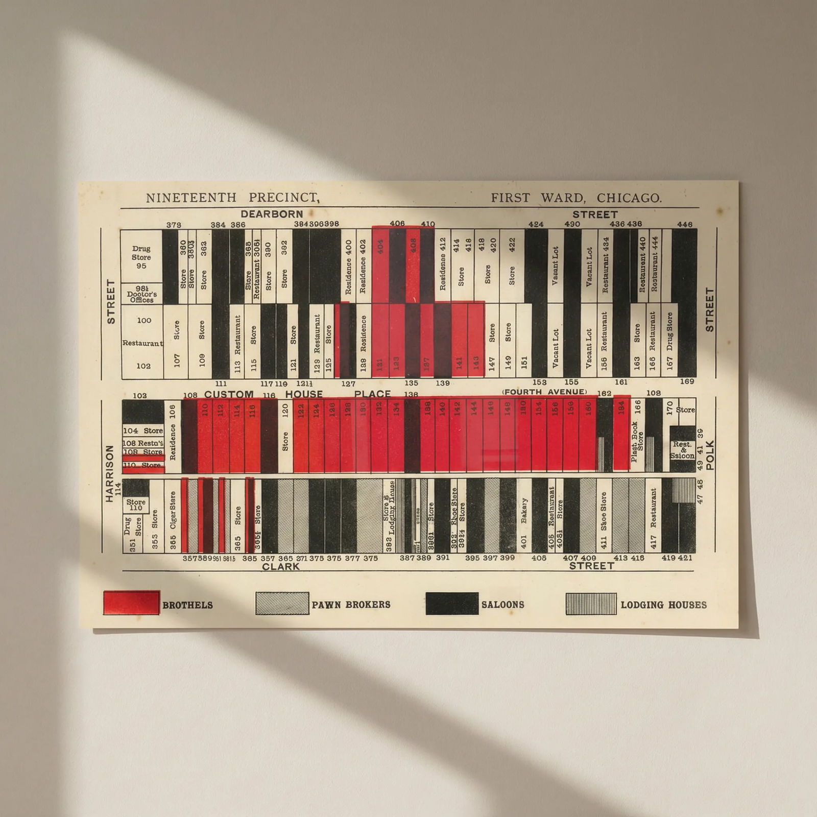 19th Precinct 1st Ward Chicago Levee District Brothels & Saloons. Stead 1894 map: Title: 19th Precinct 1st Ward Chicago Levee District Brothels & Saloons. Stead 1894 map Description: Nineteenth Precinct, First Ward, Chicago [Levee District]. A striking and now-iconic early social-r