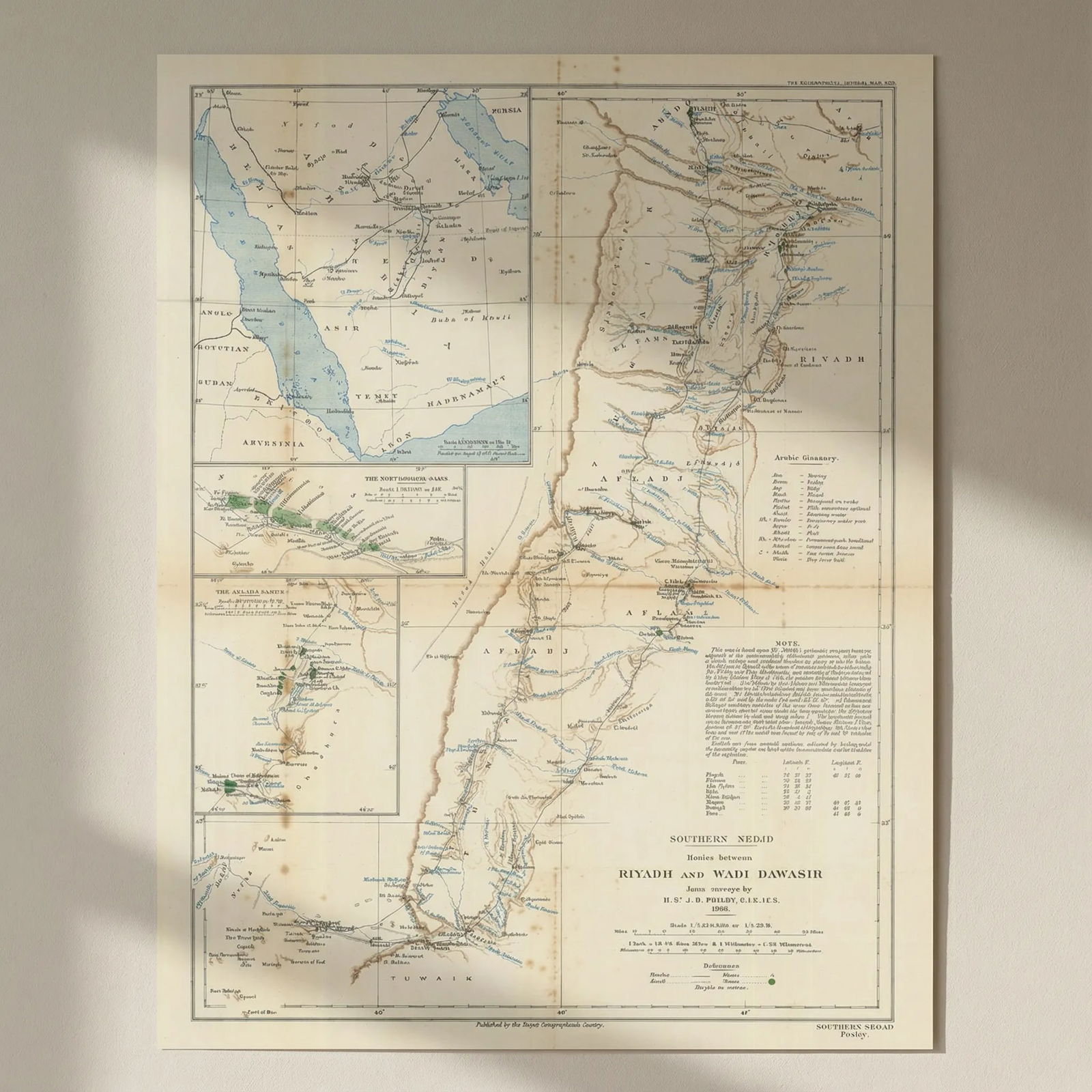 Southern Nejd: Routes from Riyadh & Wadi Dawasir. St. John Philby. RGS 1920 map: Title: Southern Nejd: Routes from Riyadh & Wadi Dawasir. St. John Philby. RGS 1920 map Description: Southern Nejd: Routes between Riyadh and Wadi Dawasir from surveys by H. St. J. B. Philby, C.I.E., I