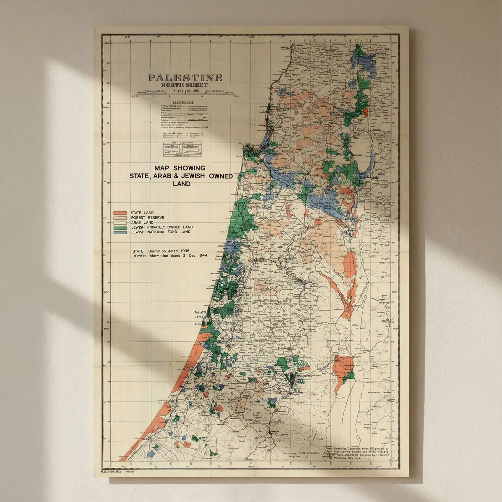 Survey of Palestine—North Sheet—Map showing State, Arab & Jewish Owned Land 1945: Title: Survey of Palestine—North Sheet—Map showing State, Arab & Jewish Owned Land 1945 Description: Palestine—North Sheet—Map showing State, Arab & Jewish Owned Land'. A h