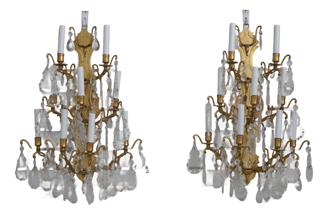 Pair Vintage Brass & Crystal 9 Arm Lighted Wall Sconces (1 of 11)