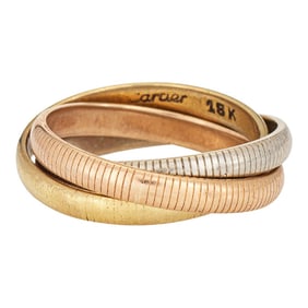 1970s Vintage Cartier Trinity Ring Sz 5 Ribbed Design 18k Tri Gold Rolling Bands