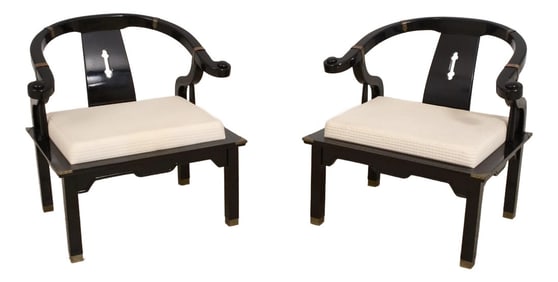 Pair Pallavisini Asian Inspired Mid Century Modern Black Chairs
