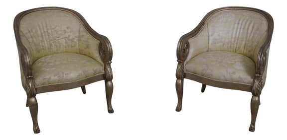 Pair Neoclassical Silver Finish Damask Upholstered Club Chairs