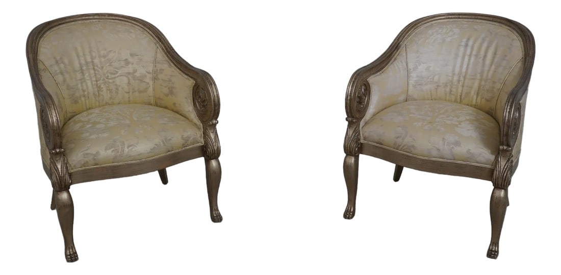 Pair Neoclassical Silver Finish Damask Upholstered Club Chairs (1 of 12)