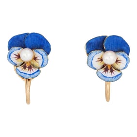 Early 20th Century Antique Enamel Pansy Earrings Art Nouveau 14k Yellow Gold Larter & Sons Vintage-