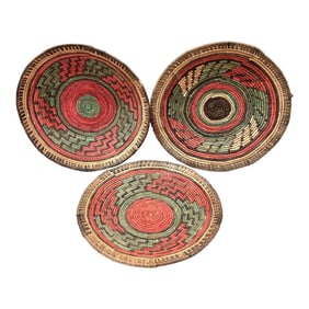 Early 1900s Vintage African Coiled Shallow Basket Bowls - Set of 3