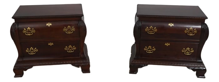 Pair Century Bombe Base Mahogany Nightstands