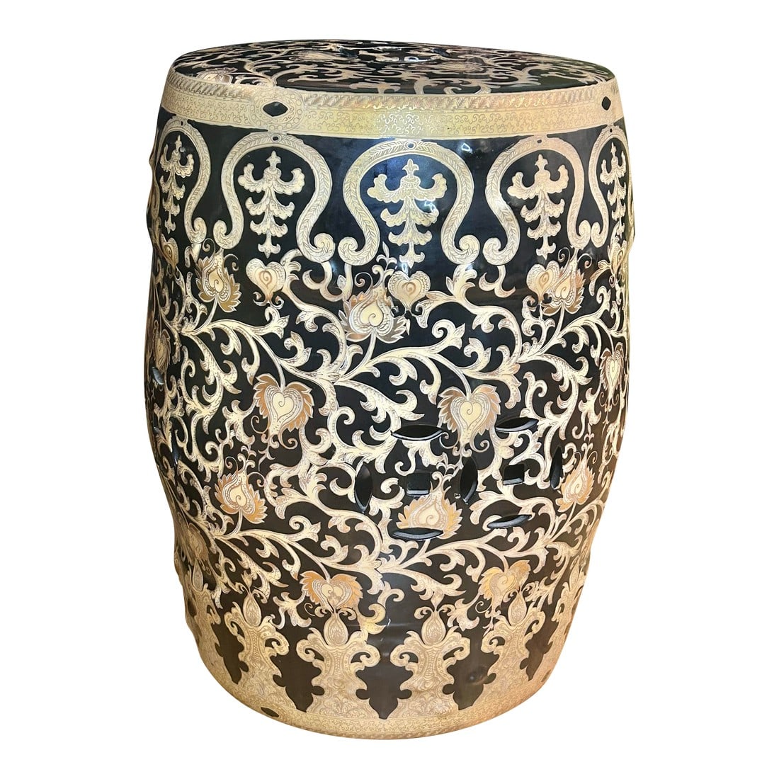 Vintage Late 20th Century Large Black and Gold Chinoiserie Porcelain Garden Stool (1 of 9)