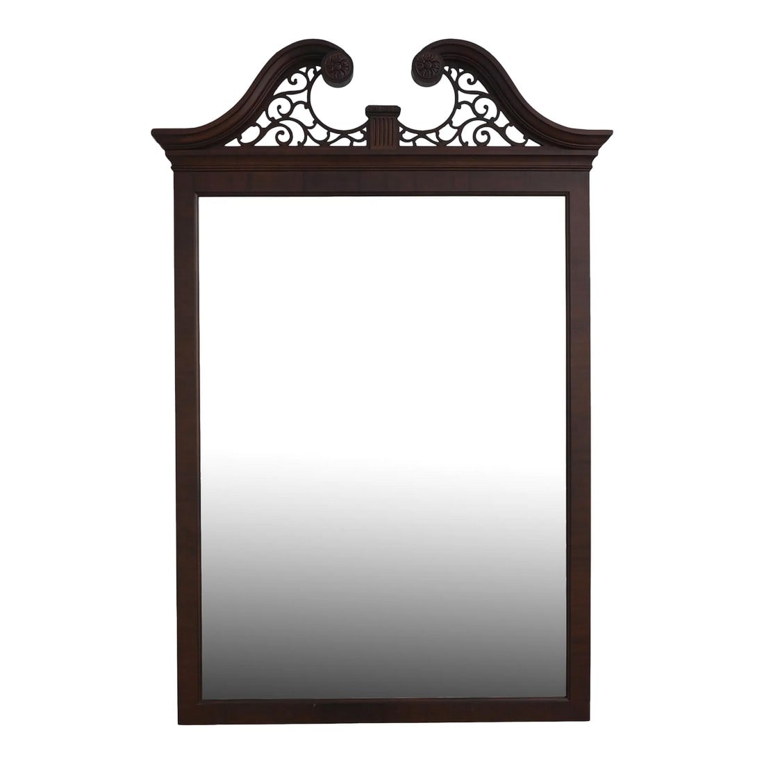 Century Chippendale Mahogany Mirror W. Pediment Top: Age: Approx: 25 Years Old Details: Beveled Glass Quality Construction Nice Pierced Pediment Top Condition: Excellent Original Finish & Condition Size: 35w x 3d x 52.5h Condition: Alterations