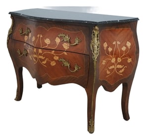 French Louis XV Marquetry Inlaid Marble Top Commode Chest