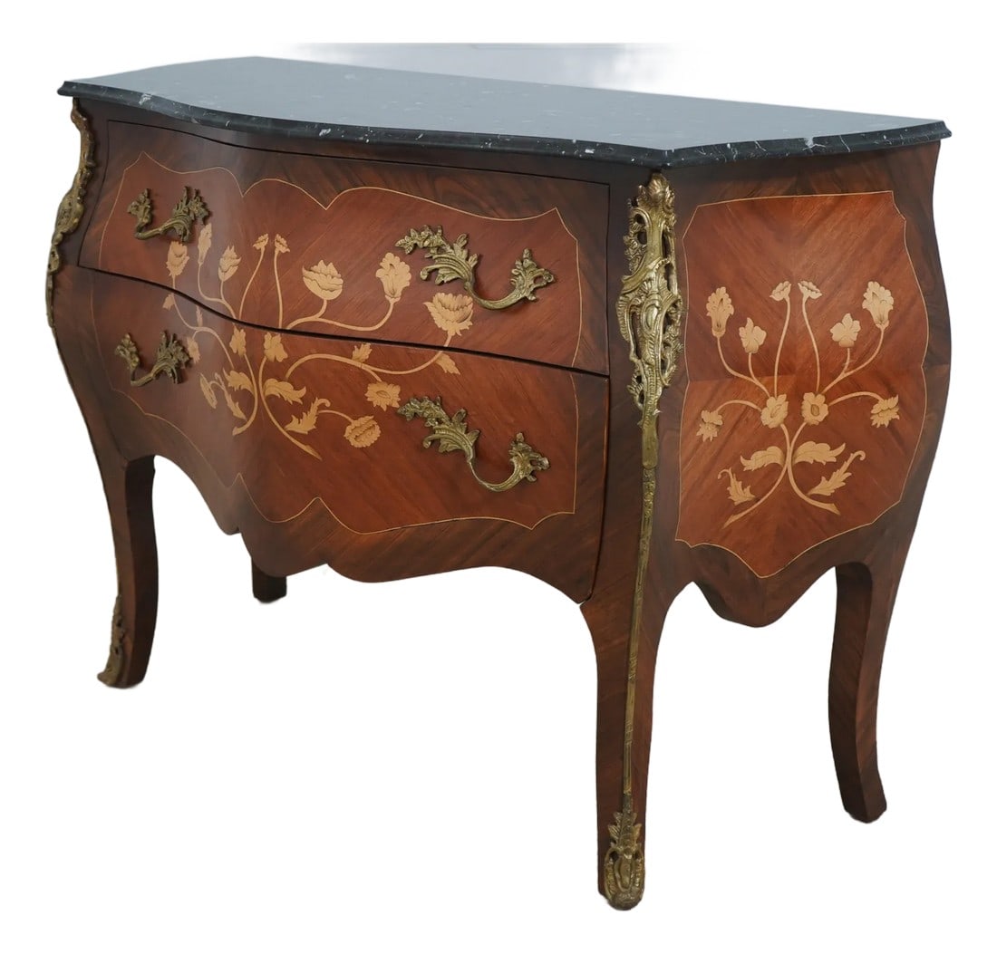 French Louis XV Marquetry Inlaid Marble Top Commode Chest (1 of 12)