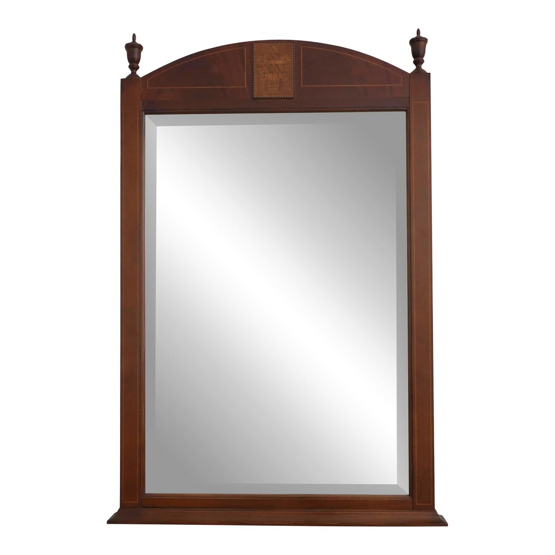 Inlaid Mahogany Beveled Glass Dresser Mirror: Age: Approx: 25 Years Old Details: Finial Tops Federal Style Condition: Excellent Original Finish & Condition Size: 31.5w x 3d x 47h Condition: Alterations: Original Condition Unaltered Impe