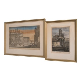 Vintage Pair of Italian Colored Engraving Etchings in Frames