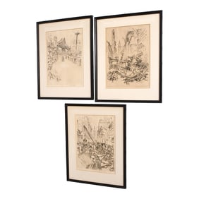 Set of 3 Salvatore Pinto Framed & Signed City Scene Etching