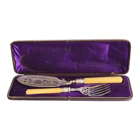 English Carved Handle Fish Servers in Original Box