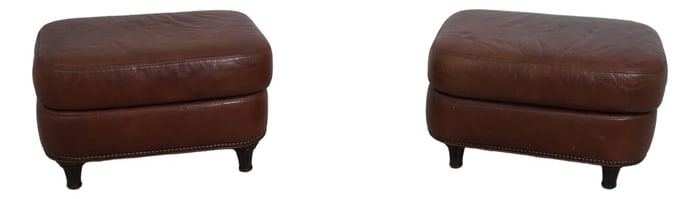 Pair Brown Leather Ottoman or Stools