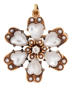 Late 19th Century Antique Victorian Moonstone Flower Pendant Diamond 14k Yellow Gold Pearl Heart