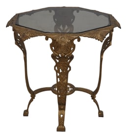 Vintage Art Deco Glass Top Iron Base Occasional Table