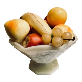 Vintage Wax Fruit Grouping in an Anchor Hocking Panel Grape Milk Glass Bowl - 15 Piece Set