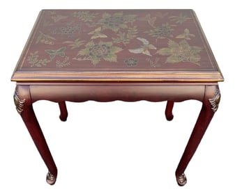 Chinoiserie Red Lacquer Floral Relief Side End Table