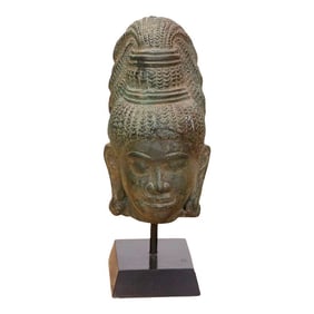 Angkorian Spirit, Antique Khmer Stone Head Sculpture