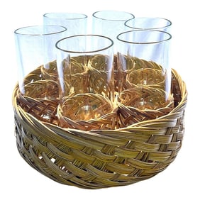 Vintage Rattan-Wrapped Drinking Glass Cocktail Ice Tea Set With Matching Woven Tray- 7 Pieces