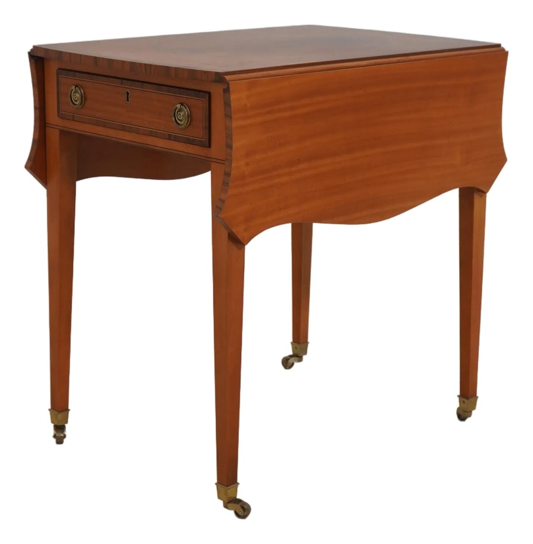 Kittinger Mahogany Drop Leaf Inlaid Pembroke Table: Age: Approx: 40 Years Old Details: Model KT-2111 Mahogany Brass Capped Feet Dovetailed Drawer Construction Fine Carved Details High Quality Construction Well Cared For Ready For Your Home Nice Inlay W