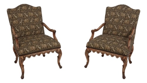 Pair Weiman French Louis XIV Safari Print Upholstered Armchairs