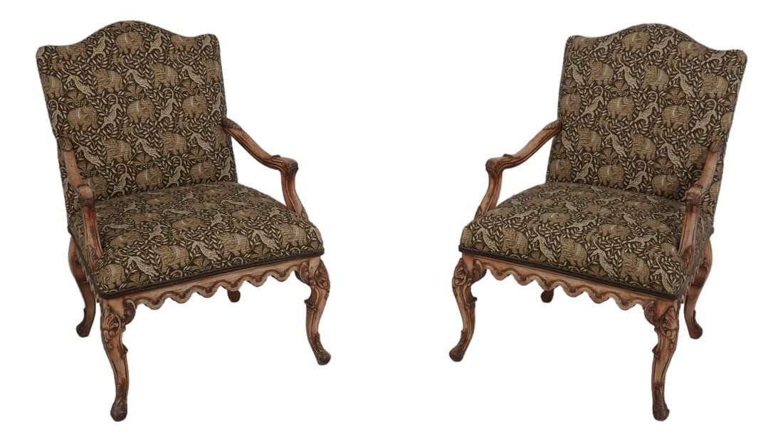 Pair Weiman French Louis XIV Safari Print Upholstered Armchairs: Age: Approx: 30 Years Old Details: Distressed Polychrome Painted Finish Fine Carved Details High Quality Construction Brand New Professionally Reupholstered Safari Print Upholstery Condition: Excellen