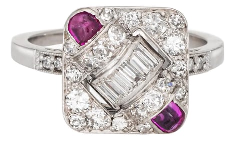 Vintage Art Deco Diamond Ruby Square Ring Sz 7.25 Platinum Jewelry 1920s