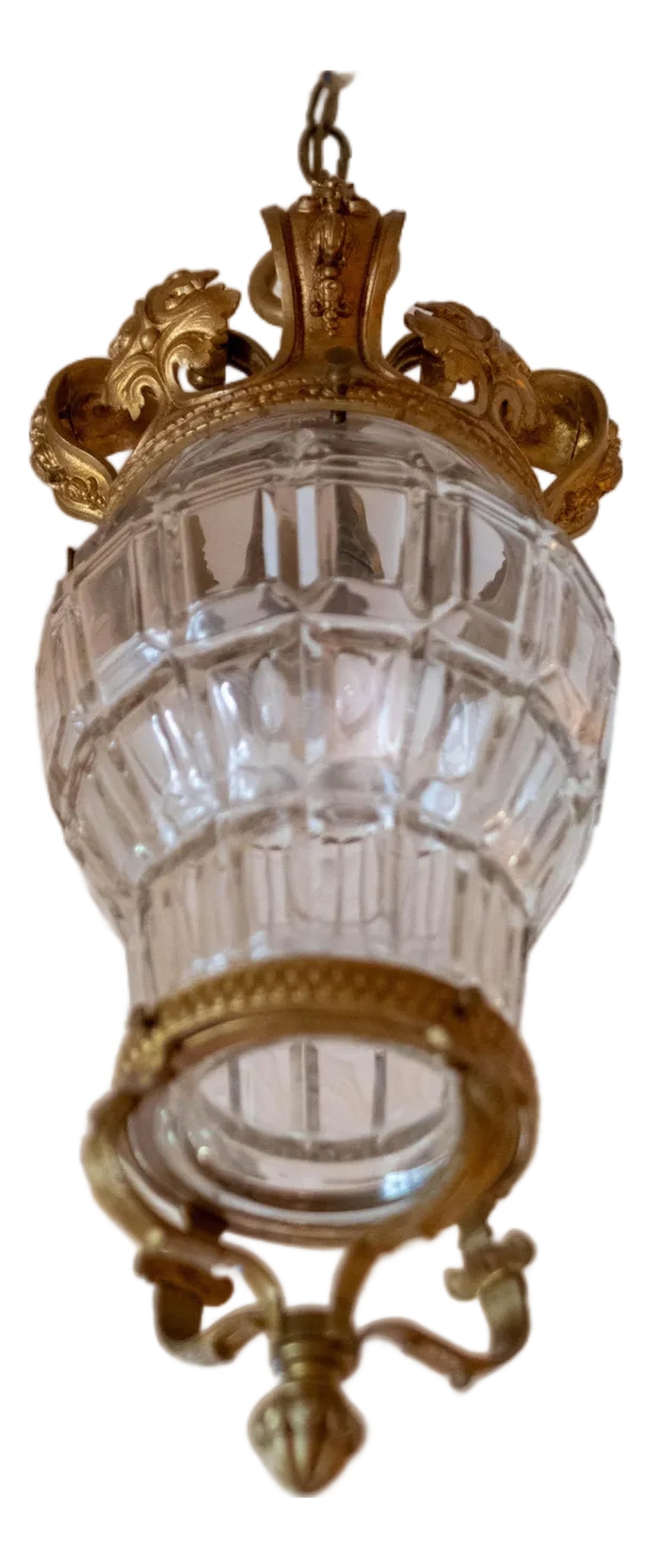 Vintage French Bronze & Etched Crystal Crown Ceiling Mount Chandelier: Age: C. 1900-1920s Details: French Louis XV style Heavy solid bronze frame Crown Shaped Crystal globe Condition: Excellent Vintage Condition Size: 11w x 11d x 26h (plus chain) Removed from a prestigi