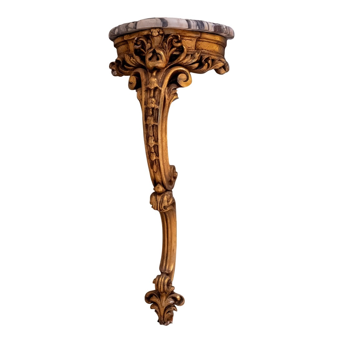 Vintage Italian Giltwood Marble Top One Leg Hall Table: Age: 80 years old Details: Stunning gold finish Beveled edge marble top Ornate carved wood base Italian made and design Condition: Excellent Original Finish & Condition, few minor chips to gold finish