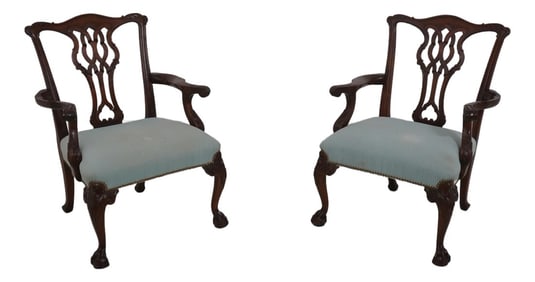Pair Hickory White Ball & Claw Mahogany Chippendale Armchairs