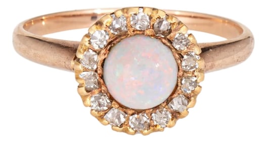 Late 19th Century Antique Victorian Ring Opal Rose Cut Diamond Cluster 10k Yellow Gold Pinky Halo, S