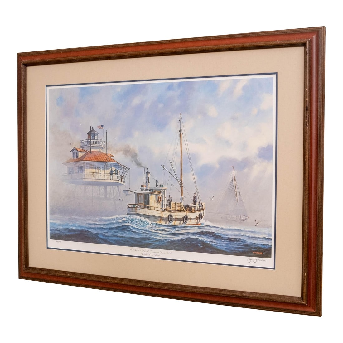 The Buy-Boat Wm. B. Tennison at Drum Point Sailboats Lighthouse Painting Print Signed John M Barbe: Age: c1982 Details: Fishing off the Chesapeake in sailboats near the Drum Point Lighthouse. Signed and numbered 660/950. Copyright 1982. Nationally known maritime artist John Barber has spent his life