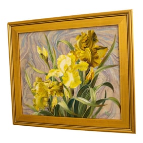 Abstract Still Life Yellow Flowers Oil on Canvas Painting Signed Kip
