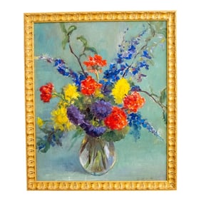 Abstract Still Life Flowers in Vase Oil Painting Signed