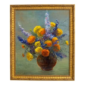 Abstract Still Life Flowers in Vase Oil Painting Artist Signed