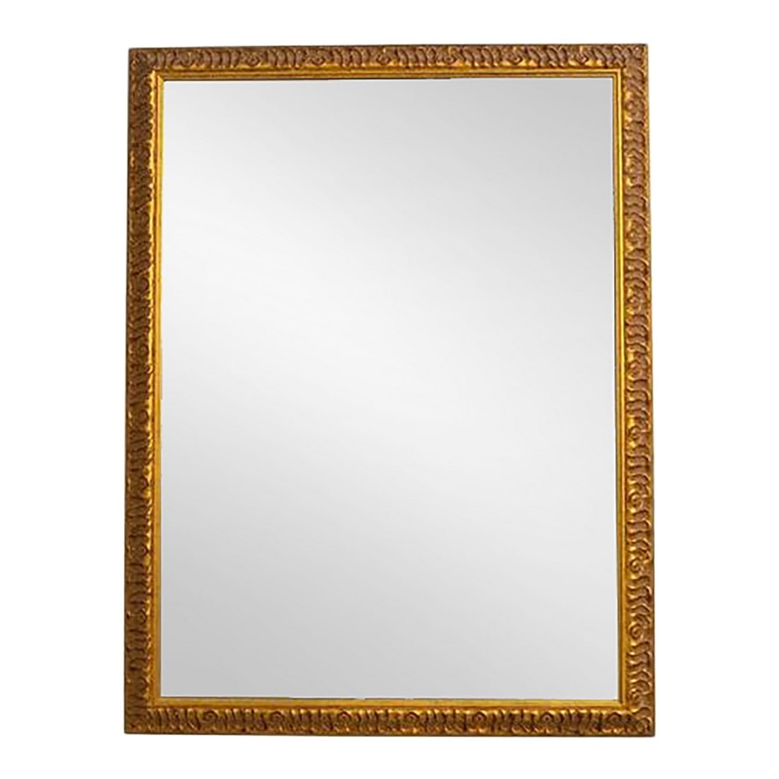 Ornate Carved Rectangular Gold Frame Mirror: Age: approx. 40 years old Details: Hanging wall mirror with intentional distressing to frame. High quality construction. Fine carved details. Unknown maker. Condition: Excellent Vintage Condition. Som