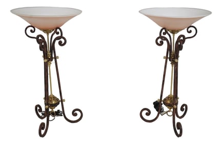 Pair Maitland Smith Pink Globe Shade Iron Table Lamps