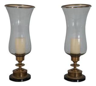 Pair Quality Large Glass & Brass Hurricane Candlesticks